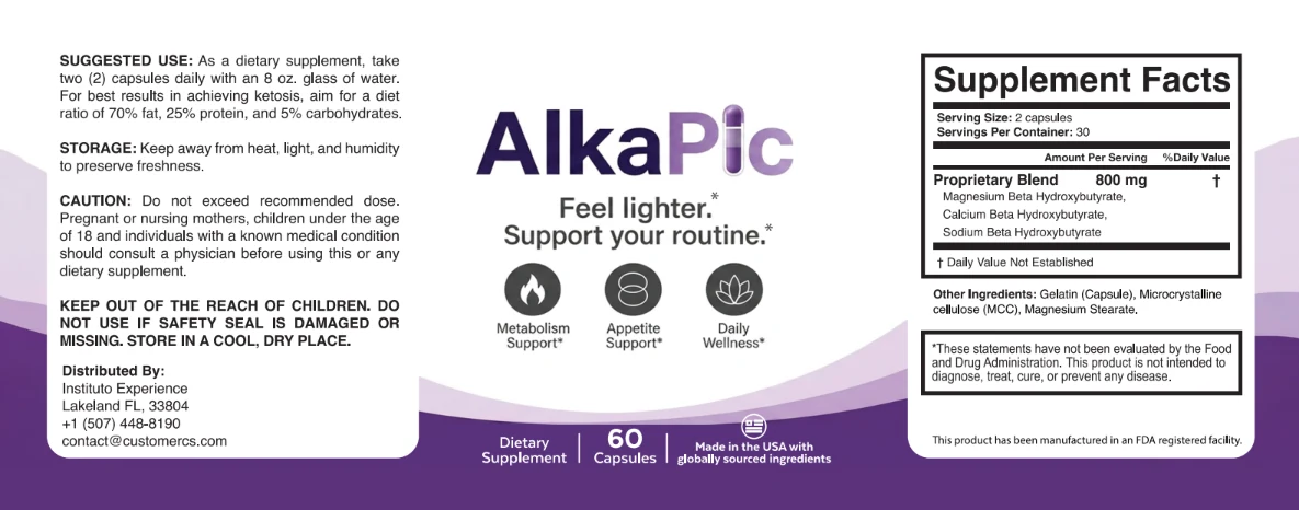 AlkaPic Supplement Facts label: proprietary blend 800mg of magnesium, calcium and sodium beta hydroxybutyrate per 2 capsules