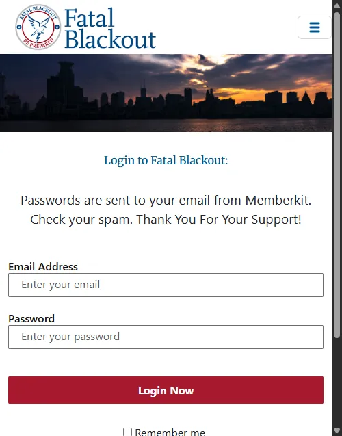 Login screen of the Fatal Blackout members area asking for email and password