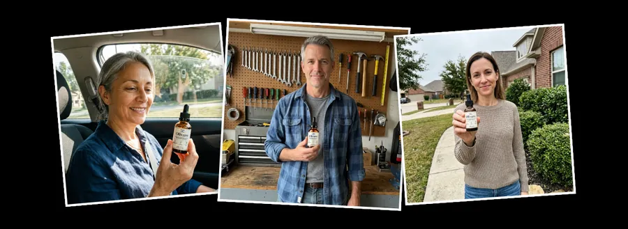 Three customer photos from the official Olivaro page, each person holding the bottle