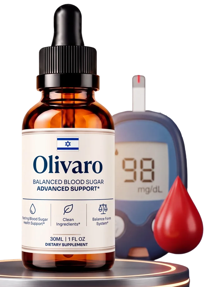 Olivaro Balanced Blood Sugar Advanced Support dropper bottle next to a glucose meter