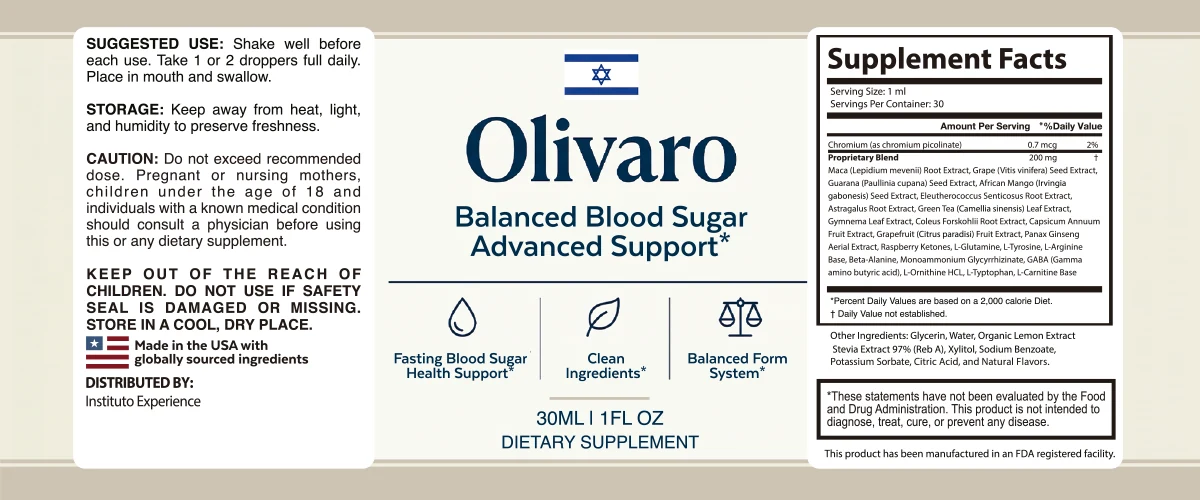 Olivaro label: Supplement Facts with chromium 0.7 mcg and a 200 mg proprietary blend, directions, caution and Instituto Experience as distributor