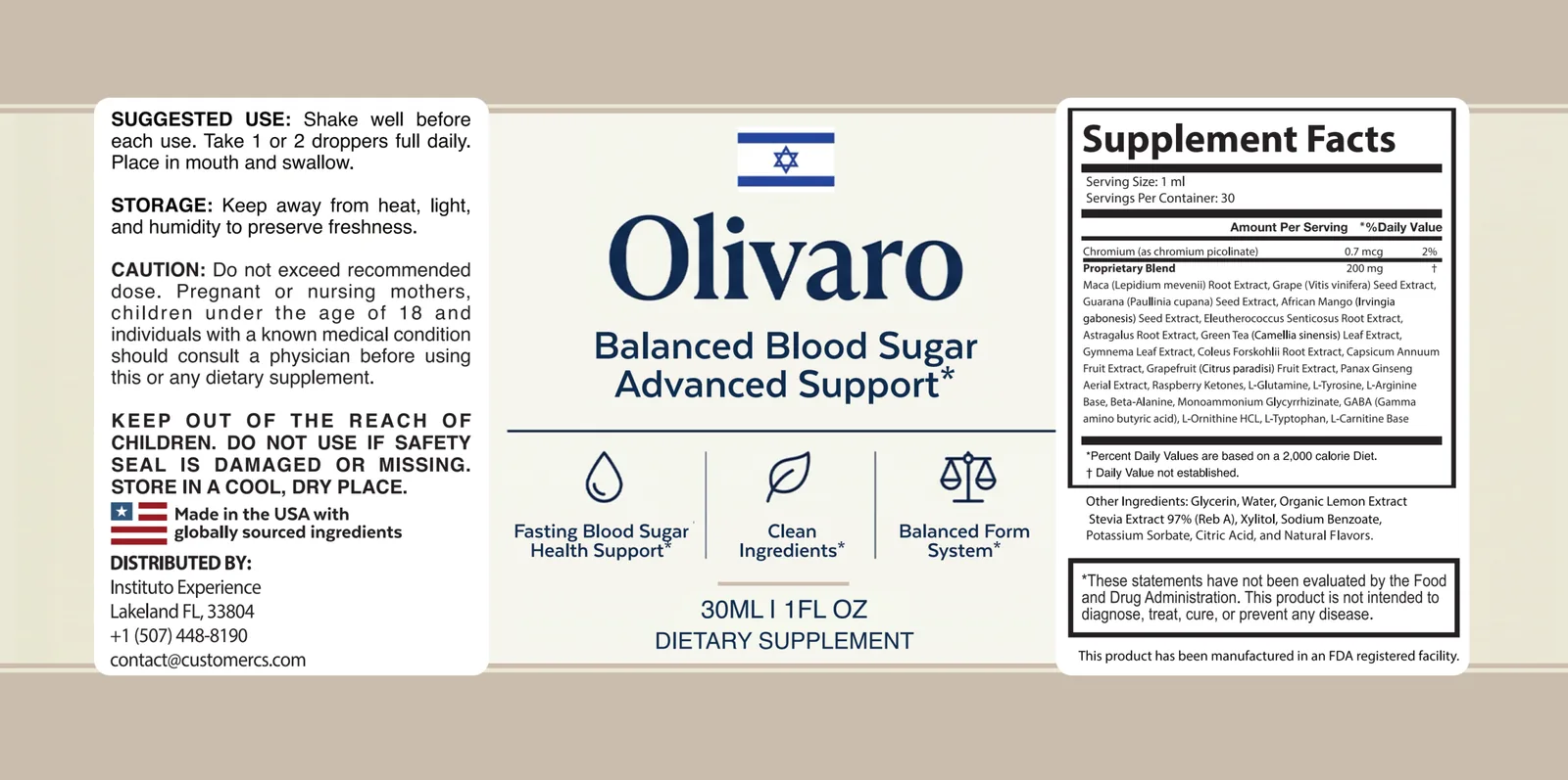 Flat Olivaro label in three panels: suggested use, caution and distributor block on the left, product name with an Israeli flag in the center, Supplement Facts panel on the right