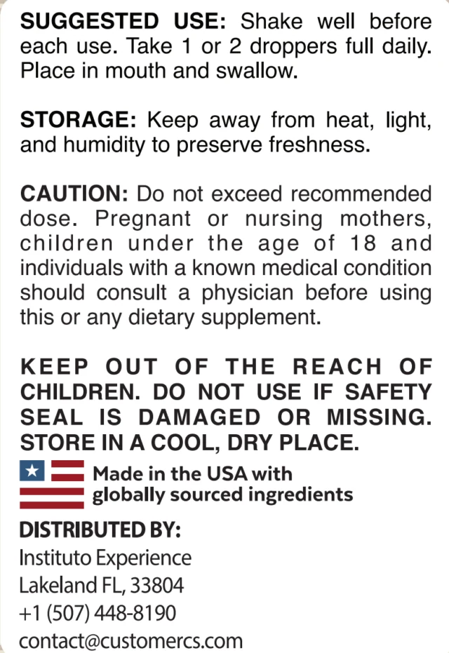 Left panel of the Olivaro label: suggested use of 1 or 2 droppers full daily, storage, caution for pregnant or nursing women, under 18s and people with a medical condition, Made in the USA with globally sourced ingredients, distributed by Instituto Experience, Lakeland FL
