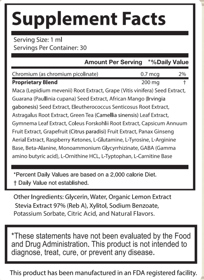 Olivaro Supplement Facts panel: serving size 1 ml, 30 servings, chromium as chromium picolinate 0.7 mcg at 2 percent Daily Value, proprietary blend 200 mg followed by 22 ingredient names, other ingredients and the FDA statement
