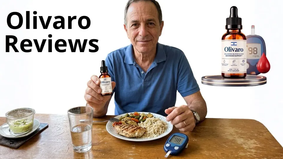 Olivaro reviews video: a man holding an Olivaro dropper bottle at a table with a glucose meter