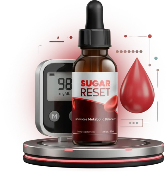 Sugar Reset liquid dropper bottle shown next to a blood glucose meter