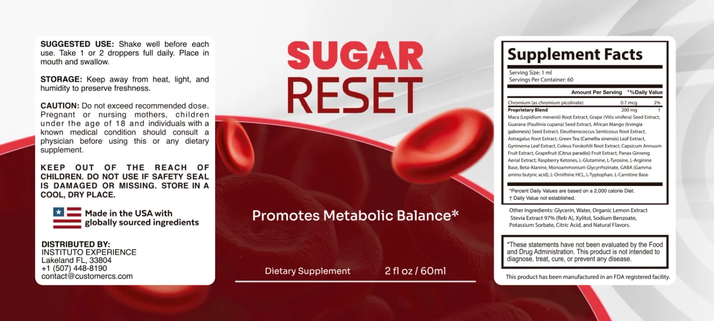 Sugar Reset Supplement Facts label showing Chromium 0.7 mcg and a 200 mg proprietary blend of 20 additional ingredients